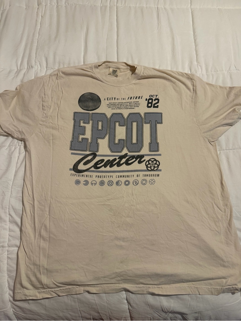 Circa Society- EPCOT Center Oct. '82 Vintage Style Tee - Beige with Blue Print